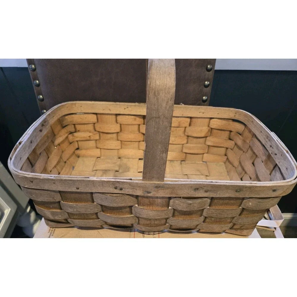 VTG Basketville Wood Woven Open Gathering Basket Fixed Handle Putney Vermont